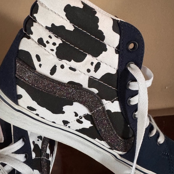 Vans Custom White and Navy, Cow Print  High-Top Sneakers with a touch of Sparkle - Picture 5 of 12